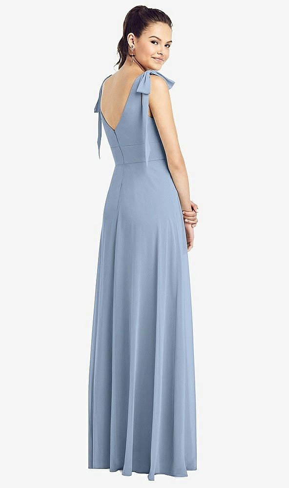 Back View - Cloudy Bow-Shoulder V-Back Chiffon Gown with Front Slit