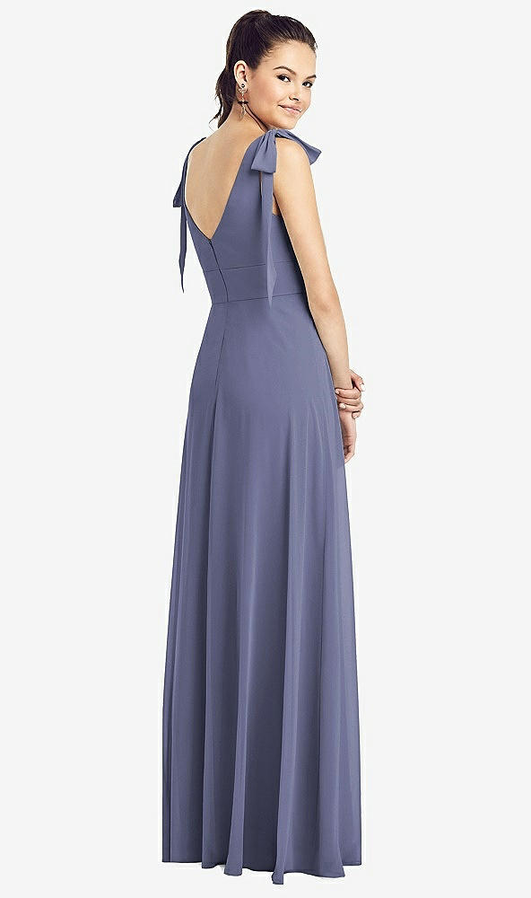 Back View - French Blue Bow-Shoulder V-Back Chiffon Gown with Front Slit