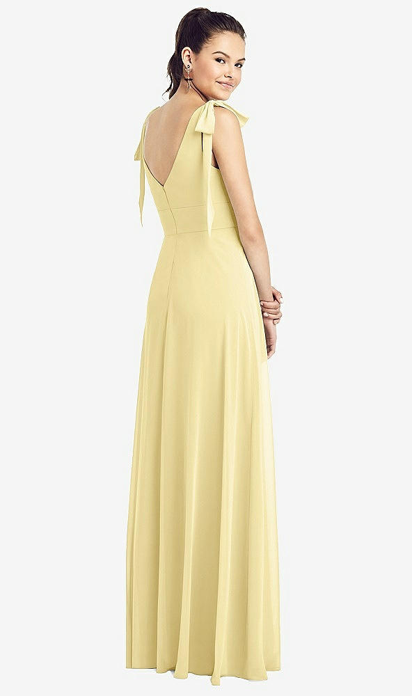 Back View - Pale Yellow Bow-Shoulder V-Back Chiffon Gown with Front Slit