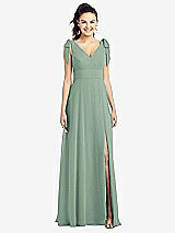 Front View Thumbnail - Seagrass Bow-Shoulder V-Back Chiffon Gown with Front Slit