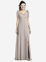 Front View Thumbnail - Taupe Bow-Shoulder V-Back Chiffon Gown with Front Slit