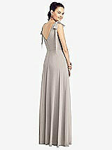 Rear View Thumbnail - Taupe Bow-Shoulder V-Back Chiffon Gown with Front Slit