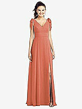 Front View Thumbnail - Terracotta Copper Bow-Shoulder V-Back Chiffon Gown with Front Slit