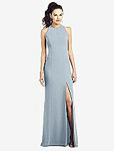 Front View Thumbnail - Mist Open-Back Jewel Neck Trumpet Gown with Front Slit