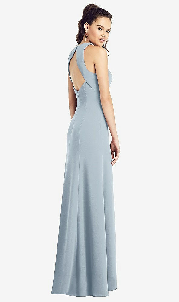 Back View - Mist Open-Back Jewel Neck Trumpet Gown with Front Slit