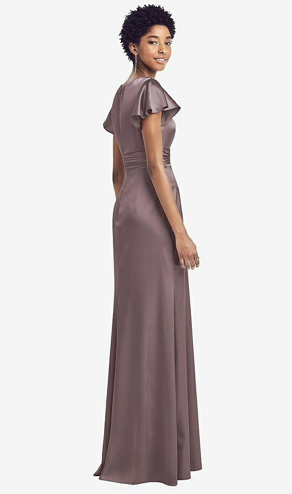 Back View - French Truffle Flutter Sleeve Draped Wrap Stretch Maxi Dress