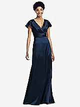 Front View Thumbnail - Midnight Navy Flutter Sleeve Draped Wrap Stretch Maxi Dress