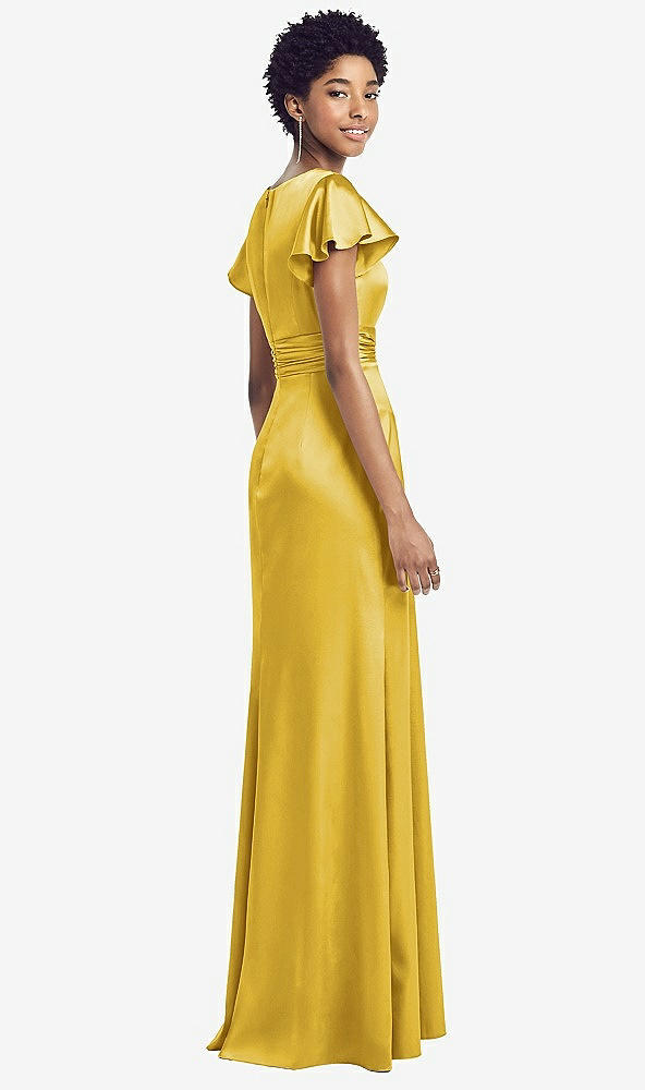 Back View - Marigold Flutter Sleeve Draped Wrap Stretch Maxi Dress