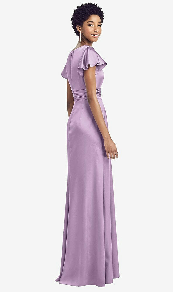 Back View - Wood Violet Flutter Sleeve Draped Wrap Stretch Maxi Dress