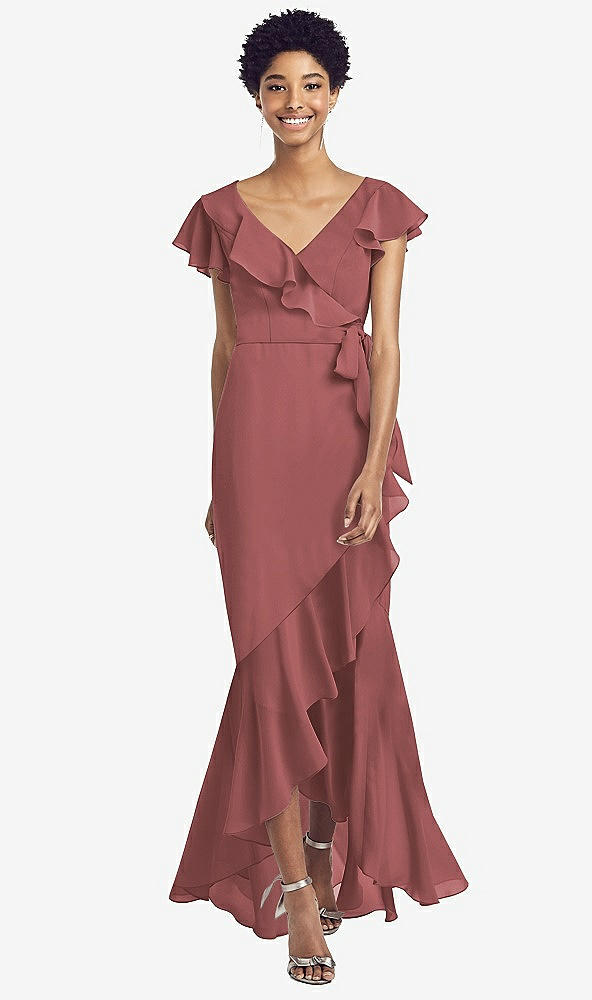 Front View - English Rose Ruffled High Low Faux Wrap Dress with Flutter Sleeves