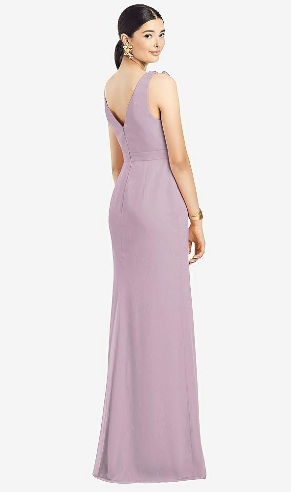 Back View - Suede Rose Sleeveless Ruffled Wrap Chiffon Gown