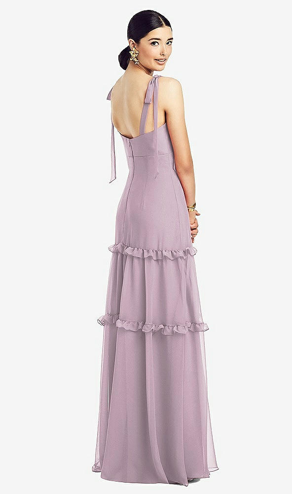 Back View - Suede Rose Bowed Tie-Shoulder Chiffon Dress with Tiered Ruffle Skirt