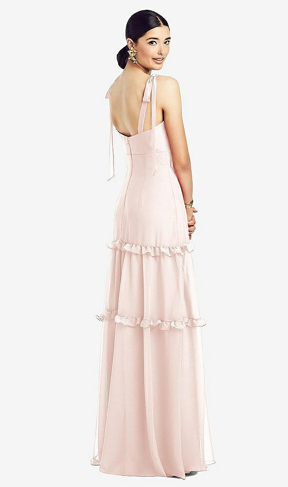 Back View - Blush Bowed Tie-Shoulder Chiffon Dress with Tiered Ruffle Skirt