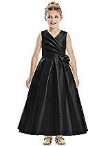 Front View Thumbnail - Black Faux Wrap Pleated Skirt Satin Twill Flower Girl Dress with Bow