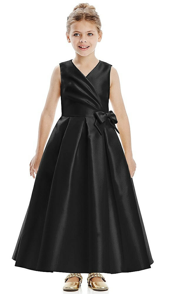 Front View - Black Faux Wrap Pleated Skirt Satin Twill Flower Girl Dress with Bow