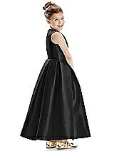 Rear View Thumbnail - Black Faux Wrap Pleated Skirt Satin Twill Flower Girl Dress with Bow