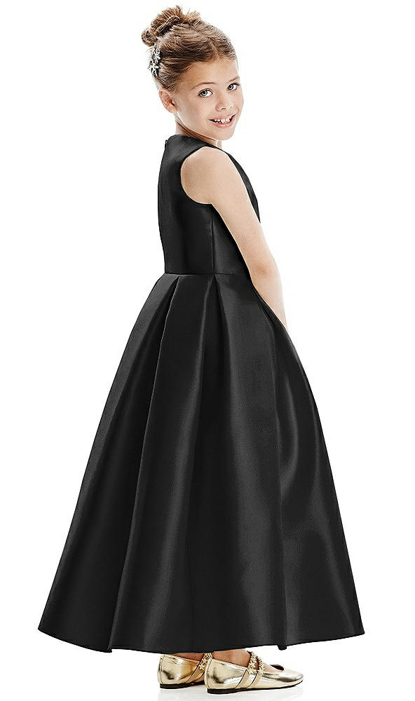 Back View - Black Faux Wrap Pleated Skirt Satin Twill Flower Girl Dress with Bow