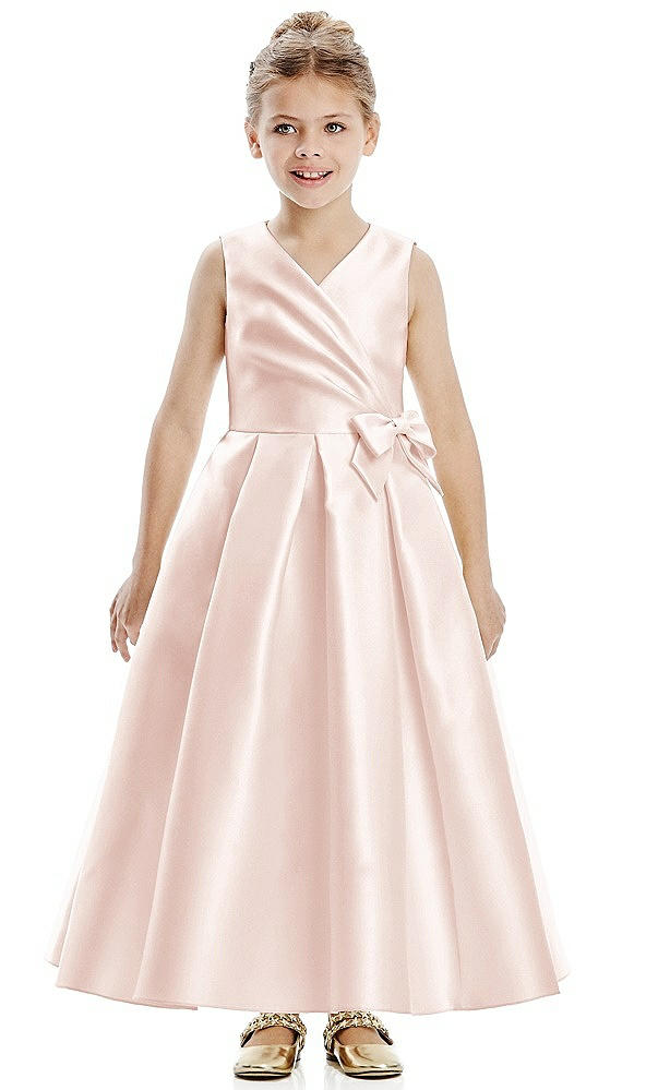 Front View - Blush Faux Wrap Pleated Skirt Satin Twill Flower Girl Dress with Bow