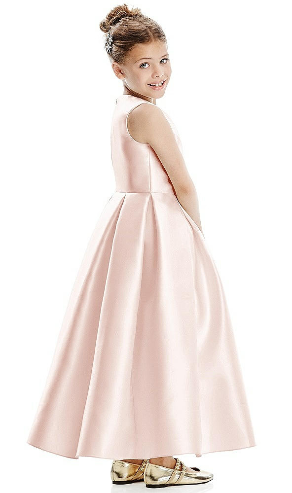 Back View - Blush Faux Wrap Pleated Skirt Satin Twill Flower Girl Dress with Bow