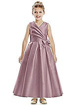 Front View Thumbnail - Dusty Rose Faux Wrap Pleated Skirt Satin Twill Flower Girl Dress with Bow