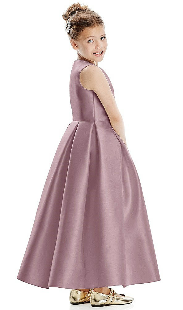 Back View - Dusty Rose Faux Wrap Pleated Skirt Satin Twill Flower Girl Dress with Bow