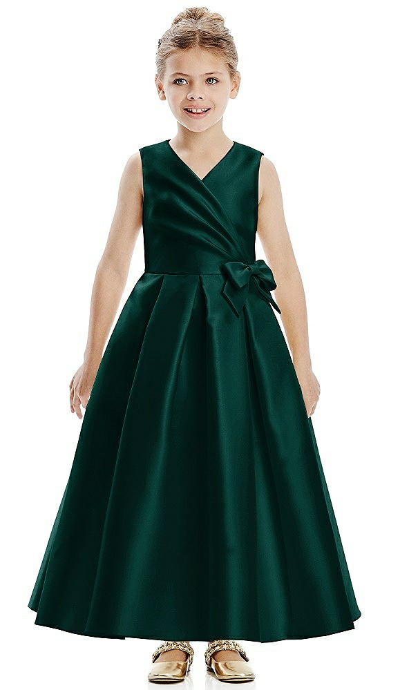 Front View - Evergreen Faux Wrap Pleated Skirt Satin Twill Flower Girl Dress with Bow