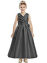 Front View Thumbnail - Gunmetal Faux Wrap Pleated Skirt Satin Twill Flower Girl Dress with Bow