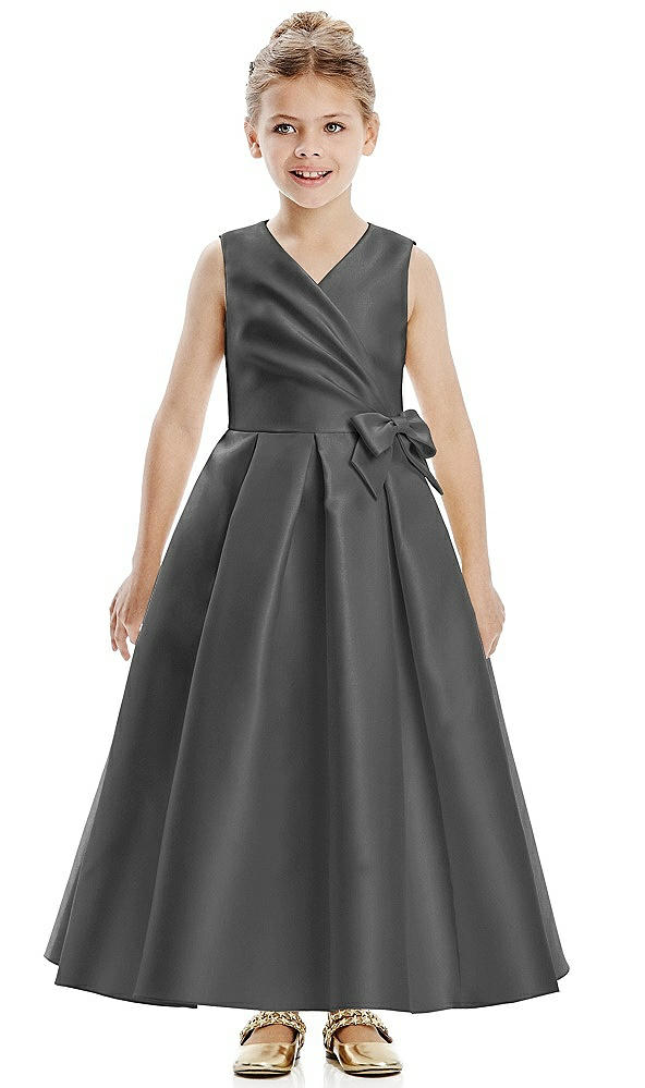 Front View - Gunmetal Faux Wrap Pleated Skirt Satin Twill Flower Girl Dress with Bow