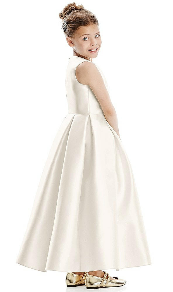 Back View - Ivory Faux Wrap Pleated Skirt Satin Twill Flower Girl Dress with Bow
