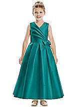Front View Thumbnail - Jade Faux Wrap Pleated Skirt Satin Twill Flower Girl Dress with Bow