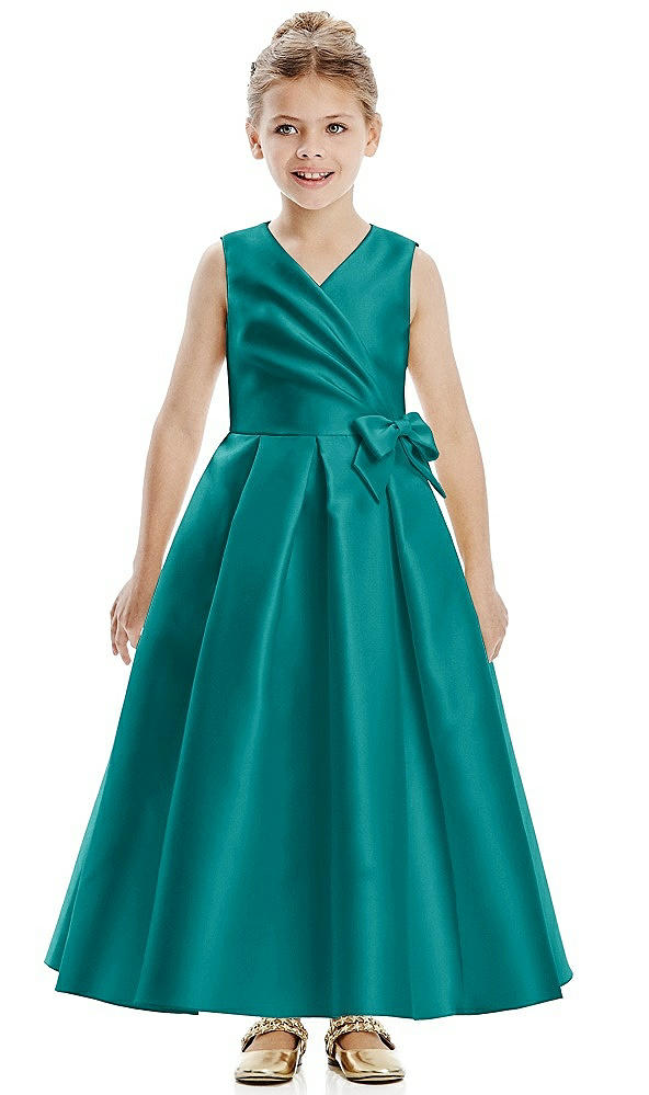 Front View - Jade Faux Wrap Pleated Skirt Satin Twill Flower Girl Dress with Bow