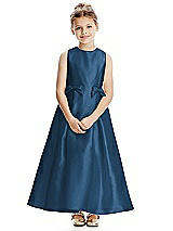 Front View Thumbnail - Dusk Blue Princess Line Satin Twill Flower Girl Dress with Bows