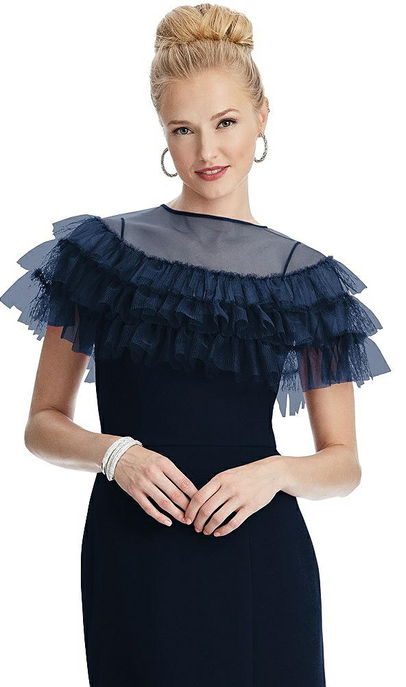 Front View - Midnight Navy Tiered Ruffle Tulle Capelet