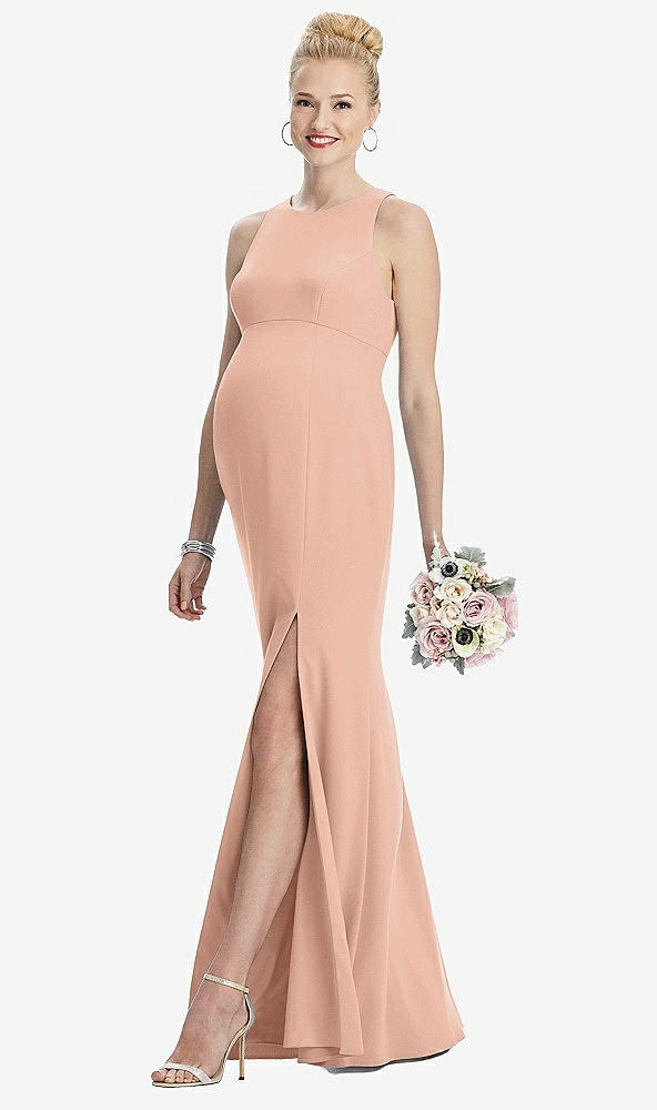 Front View - Pale Peach Sleeveless Halter Maternity Dress with Front Slit