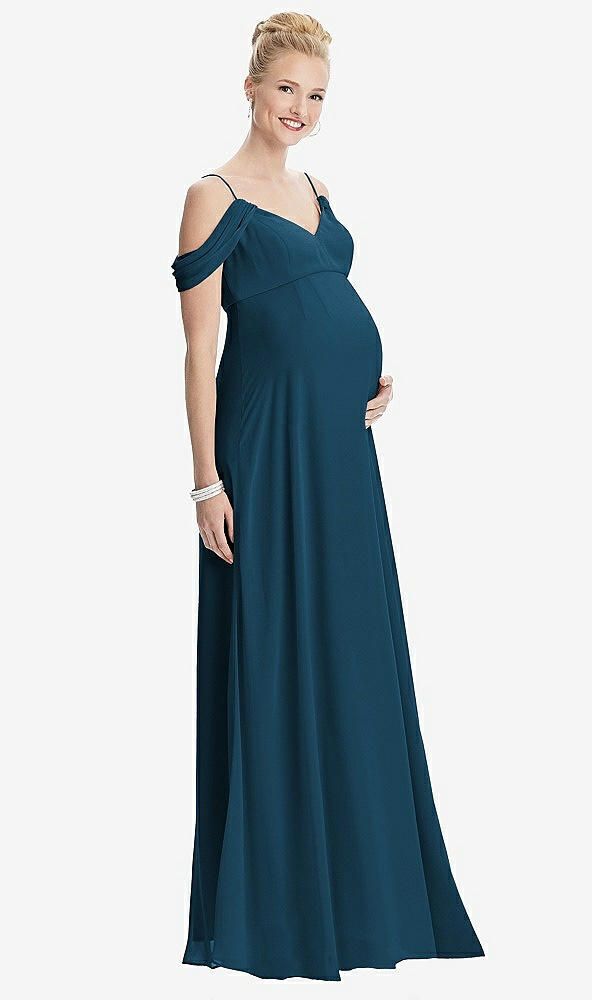 Front View - Atlantic Blue Draped Cold-Shoulder Chiffon Maternity Dress