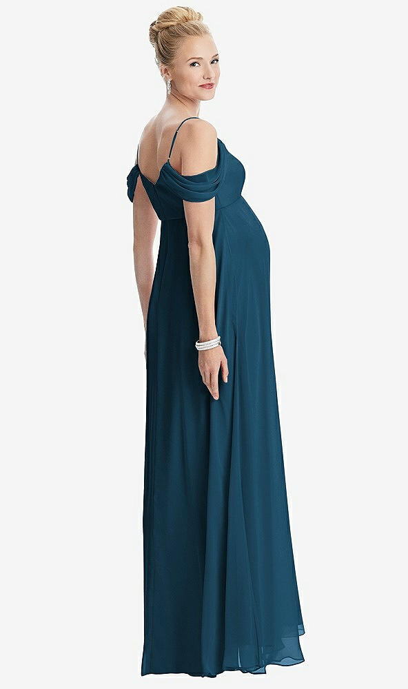 Back View - Atlantic Blue Draped Cold-Shoulder Chiffon Maternity Dress
