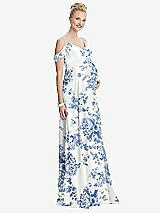 Front View Thumbnail - Cottage Rose Dusk Blue Draped Cold-Shoulder Chiffon Maternity Dress