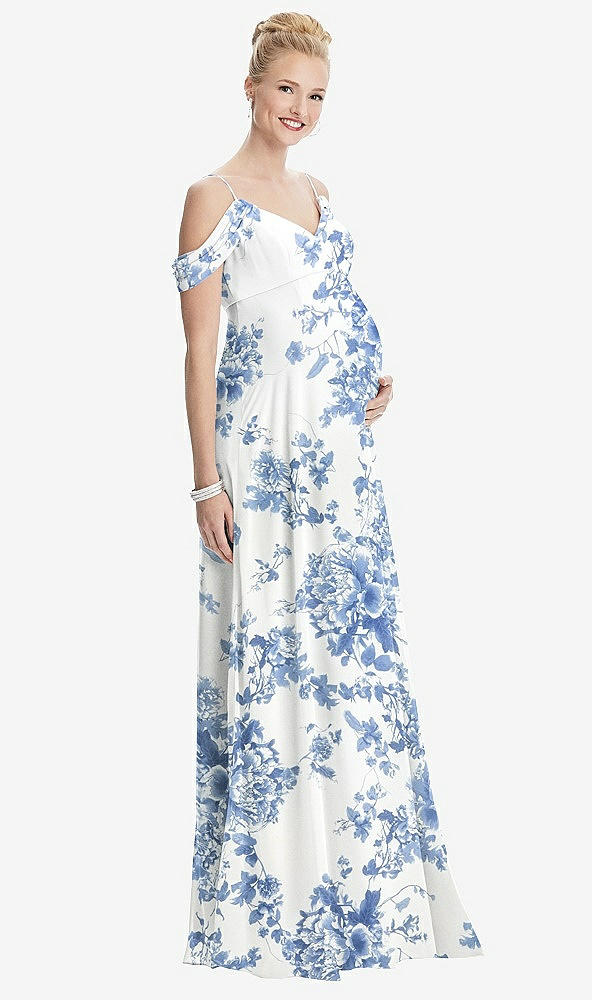 Front View - Cottage Rose Dusk Blue Draped Cold-Shoulder Chiffon Maternity Dress