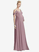 Front View Thumbnail - Dusty Rose Draped Cold-Shoulder Chiffon Maternity Dress