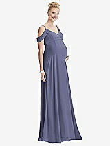 Front View Thumbnail - French Blue Draped Cold-Shoulder Chiffon Maternity Dress