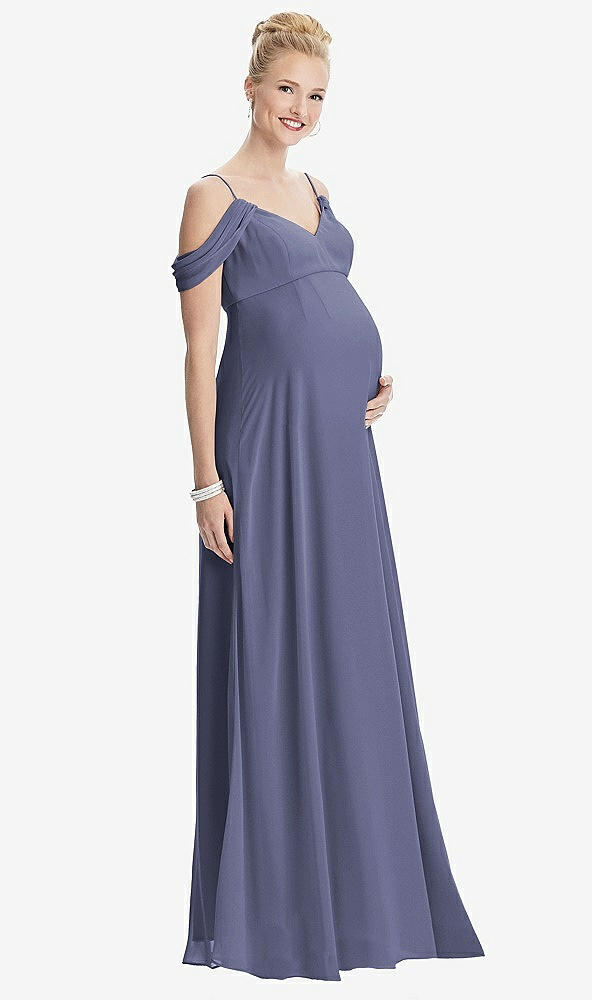 Front View - French Blue Draped Cold-Shoulder Chiffon Maternity Dress