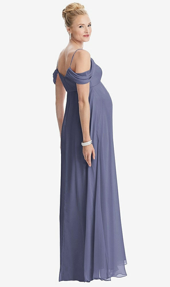 Back View - French Blue Draped Cold-Shoulder Chiffon Maternity Dress