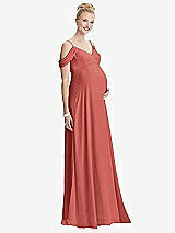 Front View Thumbnail - Coral Pink Draped Cold-Shoulder Chiffon Maternity Dress