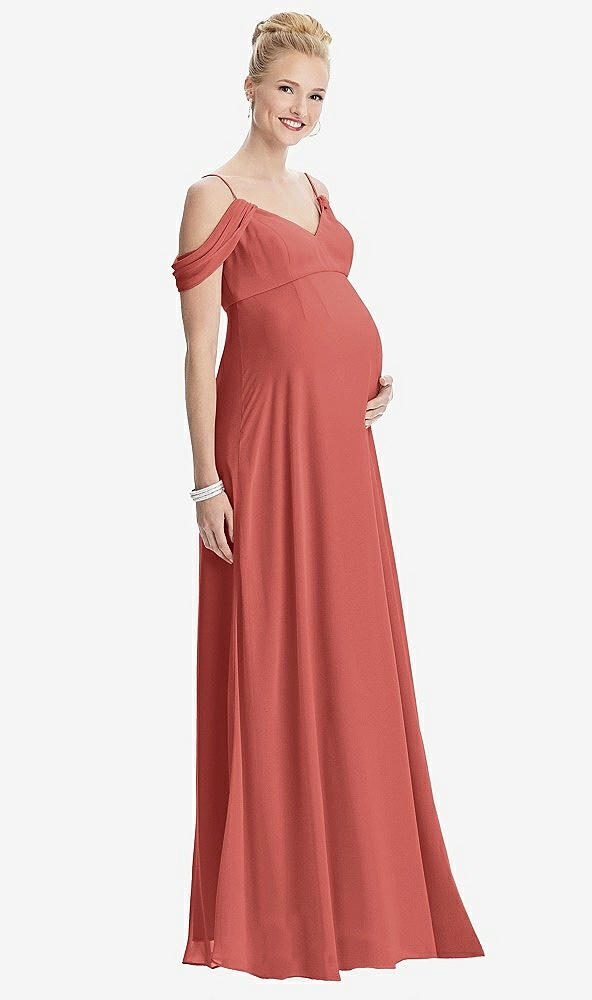Front View - Coral Pink Draped Cold-Shoulder Chiffon Maternity Dress
