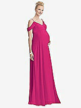 Front View Thumbnail - Think Pink Draped Cold-Shoulder Chiffon Maternity Dress