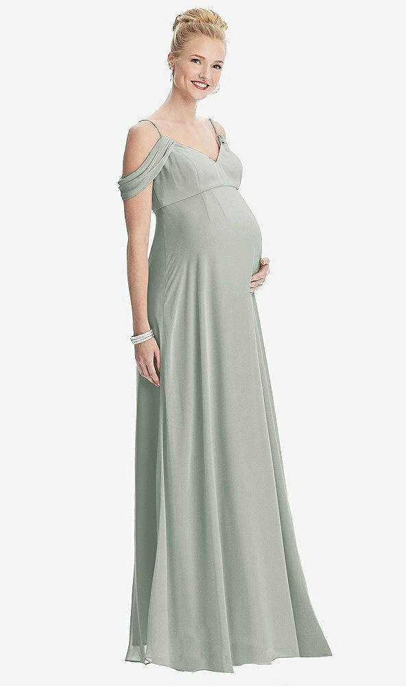 Front View - Willow Green Draped Cold-Shoulder Chiffon Maternity Dress