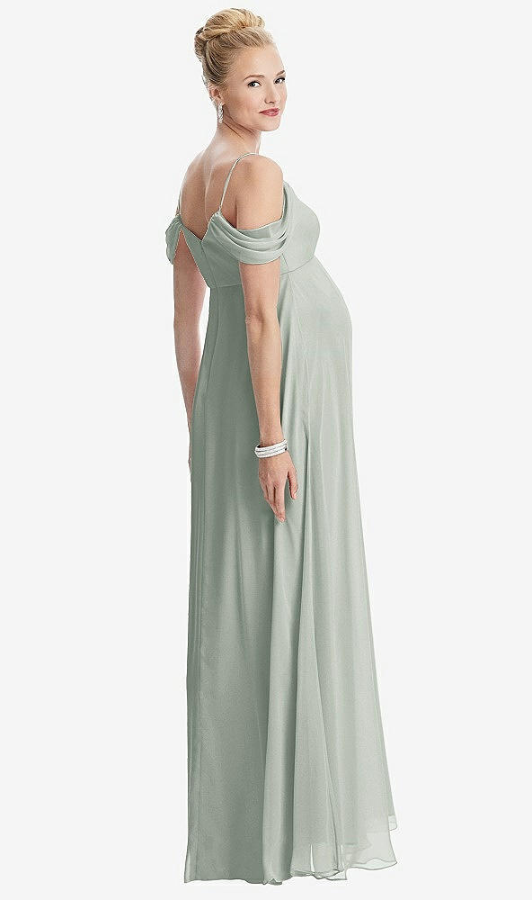 Back View - Willow Green Draped Cold-Shoulder Chiffon Maternity Dress