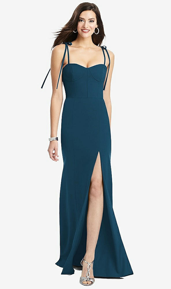 Front View - Atlantic Blue Bustier Crepe Gown with Adjustable Bow Straps