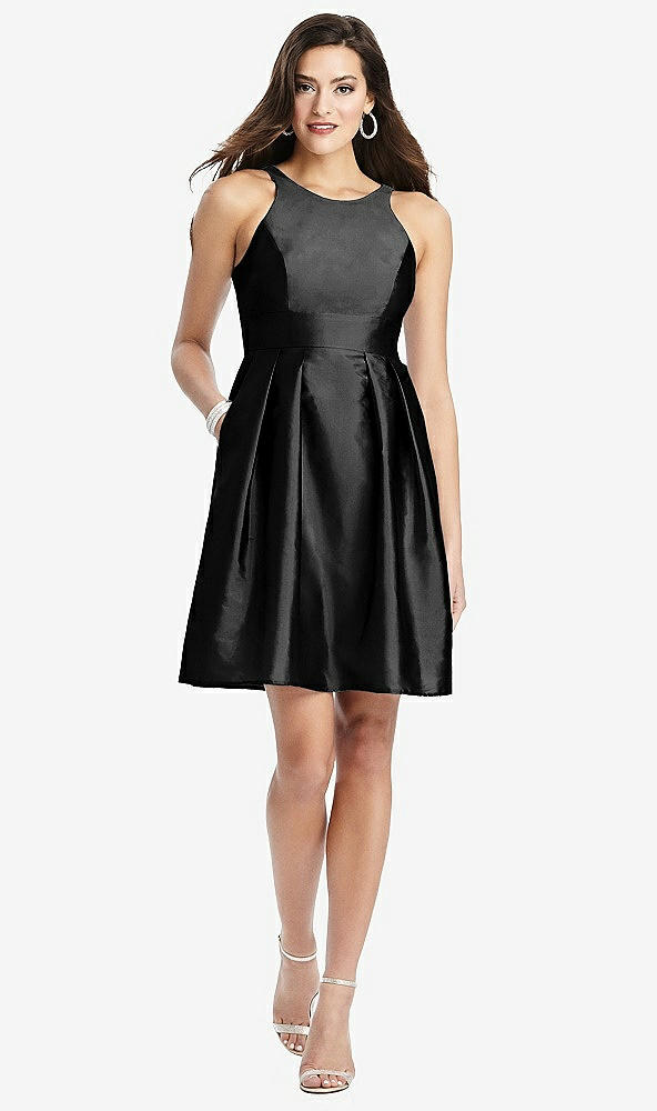 Front View - Black Halter Pleated Skirt Cocktail Dress with Pockets