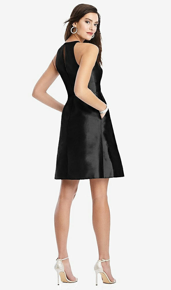 Back View - Black Halter Pleated Skirt Cocktail Dress with Pockets